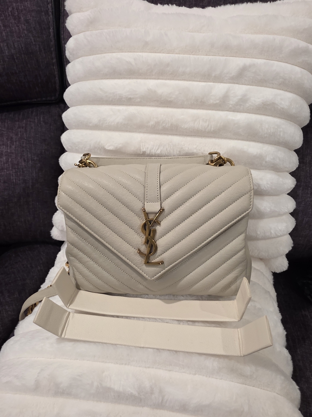 Authentic Saint Laurent College Cream  Leather Shoulder Bag with Gold Hardware